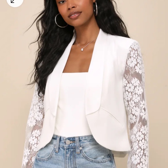 Lulus Luxe Elegance White Lace Sleeve Open-front Blazer - Size L - Picture 2 of 11